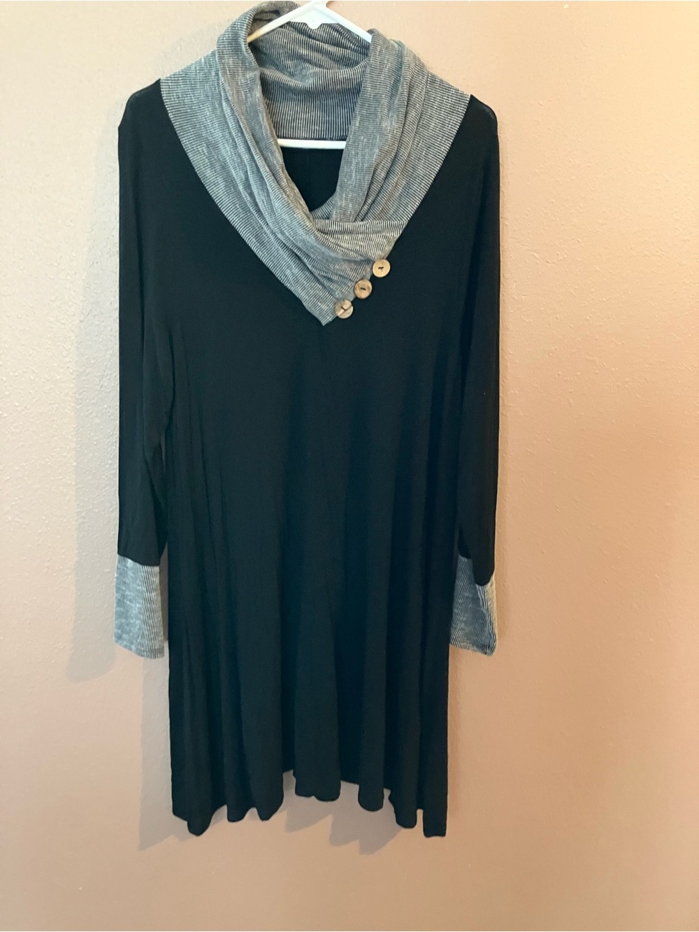 Women’s Black Dress with Gray Cowl Neck and Button Detail
